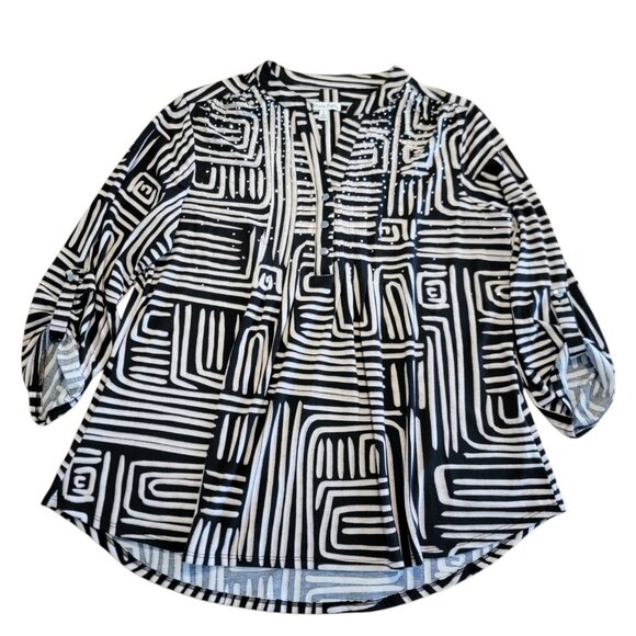 Kate Hill Blouse Sz L Black White Embellished 1/2 Button Front Roll Tab Top - Picture 1 of 9